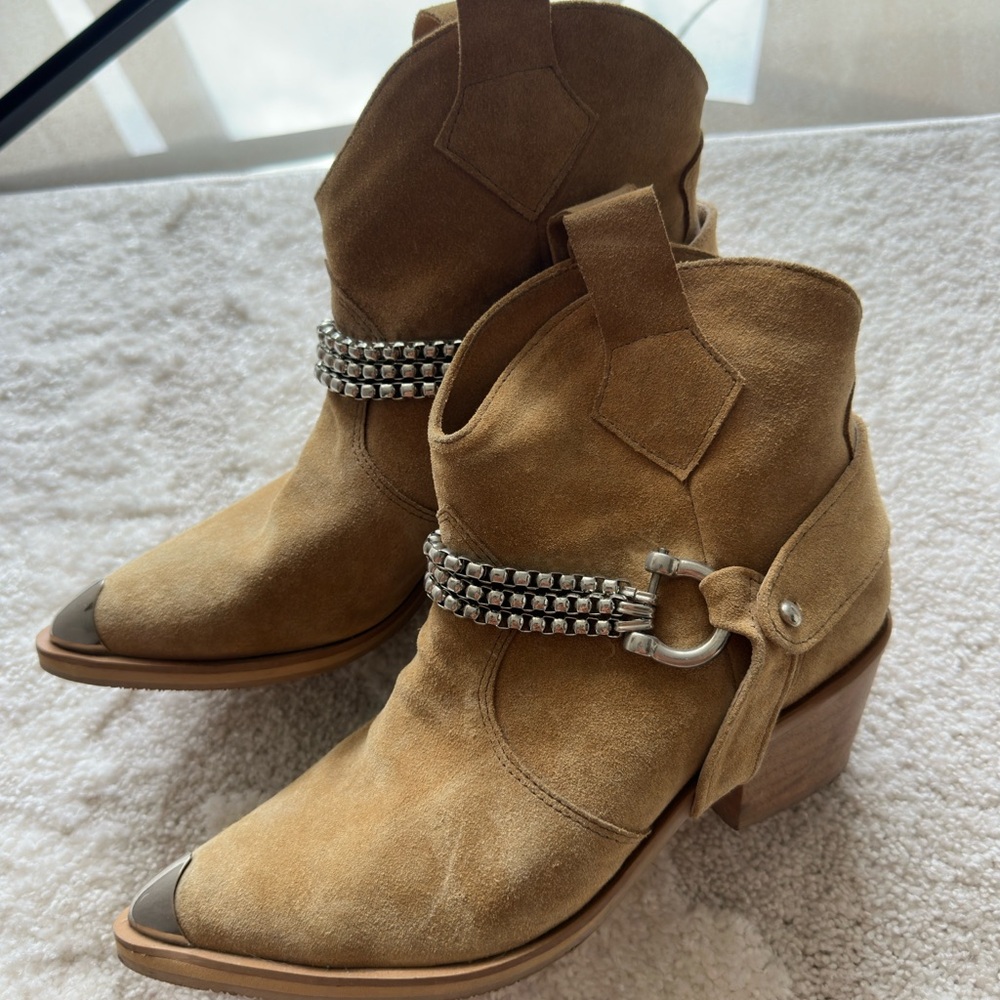 Women's Tan Suede Ankle Boots with Chain Detail